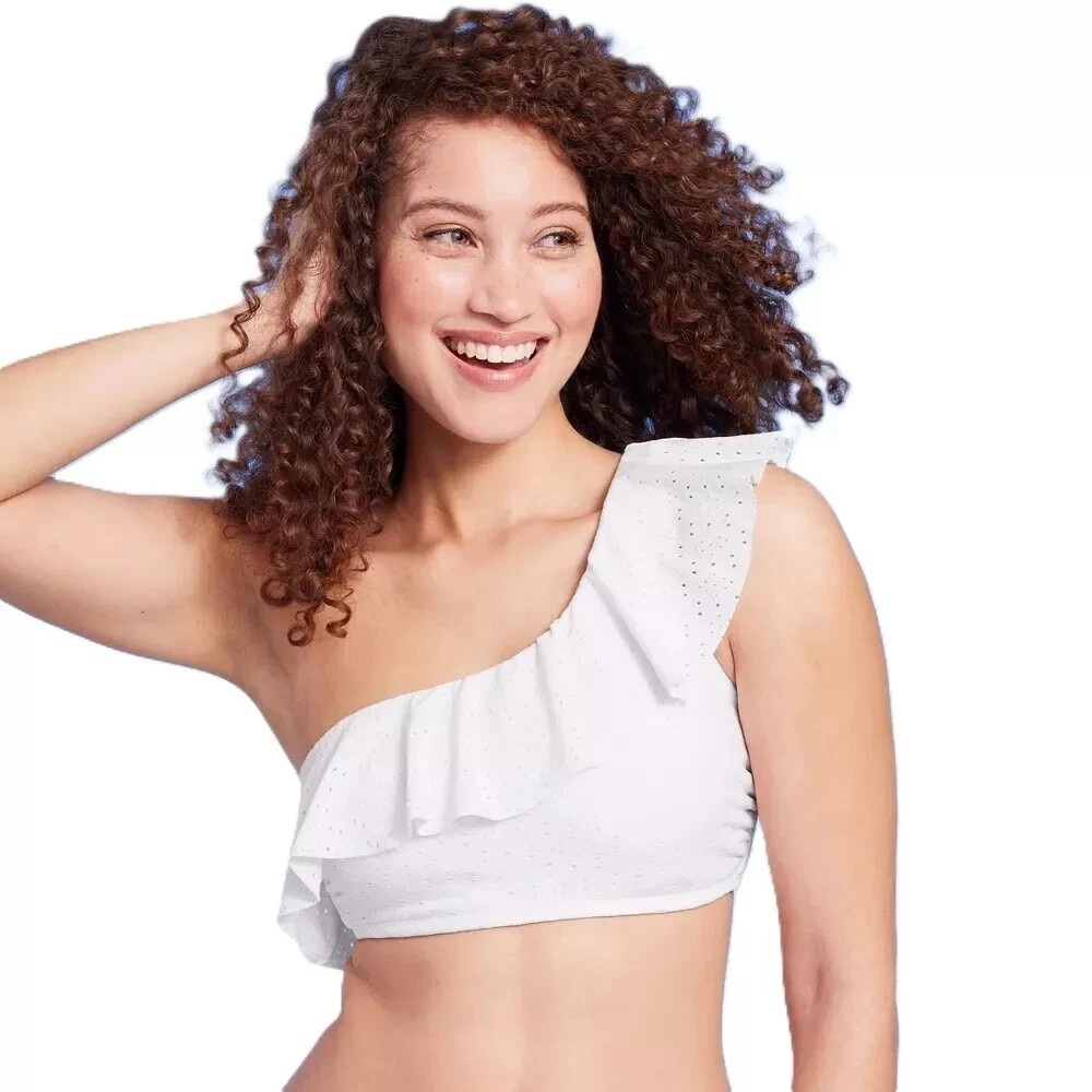 ✨Kona Sol Women's Eyelet Ruffle One Shoulder Bikini Top White Sz L (12/14)